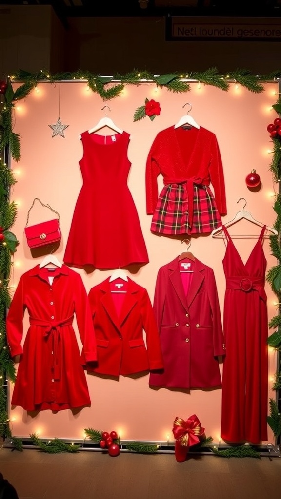 A collection of red Christmas outfits including a velvet dress, knit sweater, plaid skirt, blazer, and jumpsuit on a festive background.